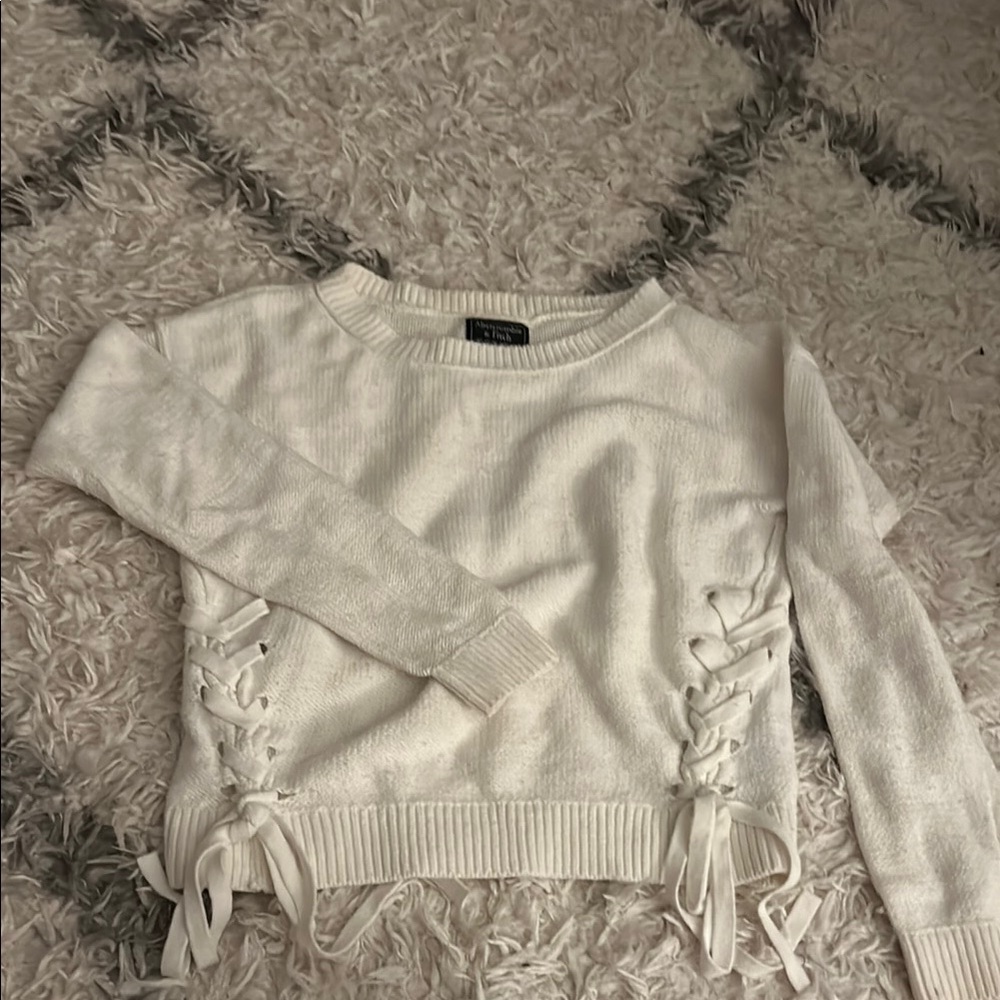 Abercrombie & Fitch White Crew Neck Sweater with Lace-Up Sides